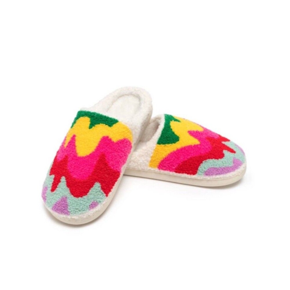Wavy Rainbow Plush Indoor/Outdoor Cozy Slippers Retro Hippie M/L 9-12 LR New